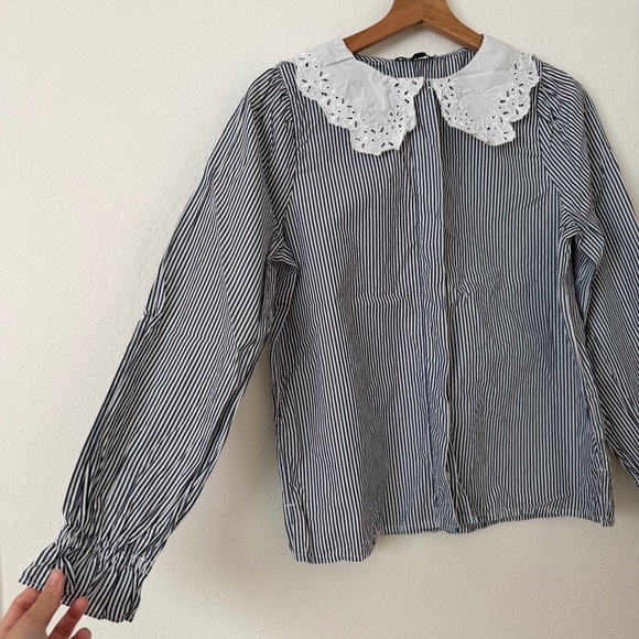 J. Crew Lace Collar Poplin Top Stripe Size XS BS126 Cottagecore Neutral Spring - Picture 3 of 13